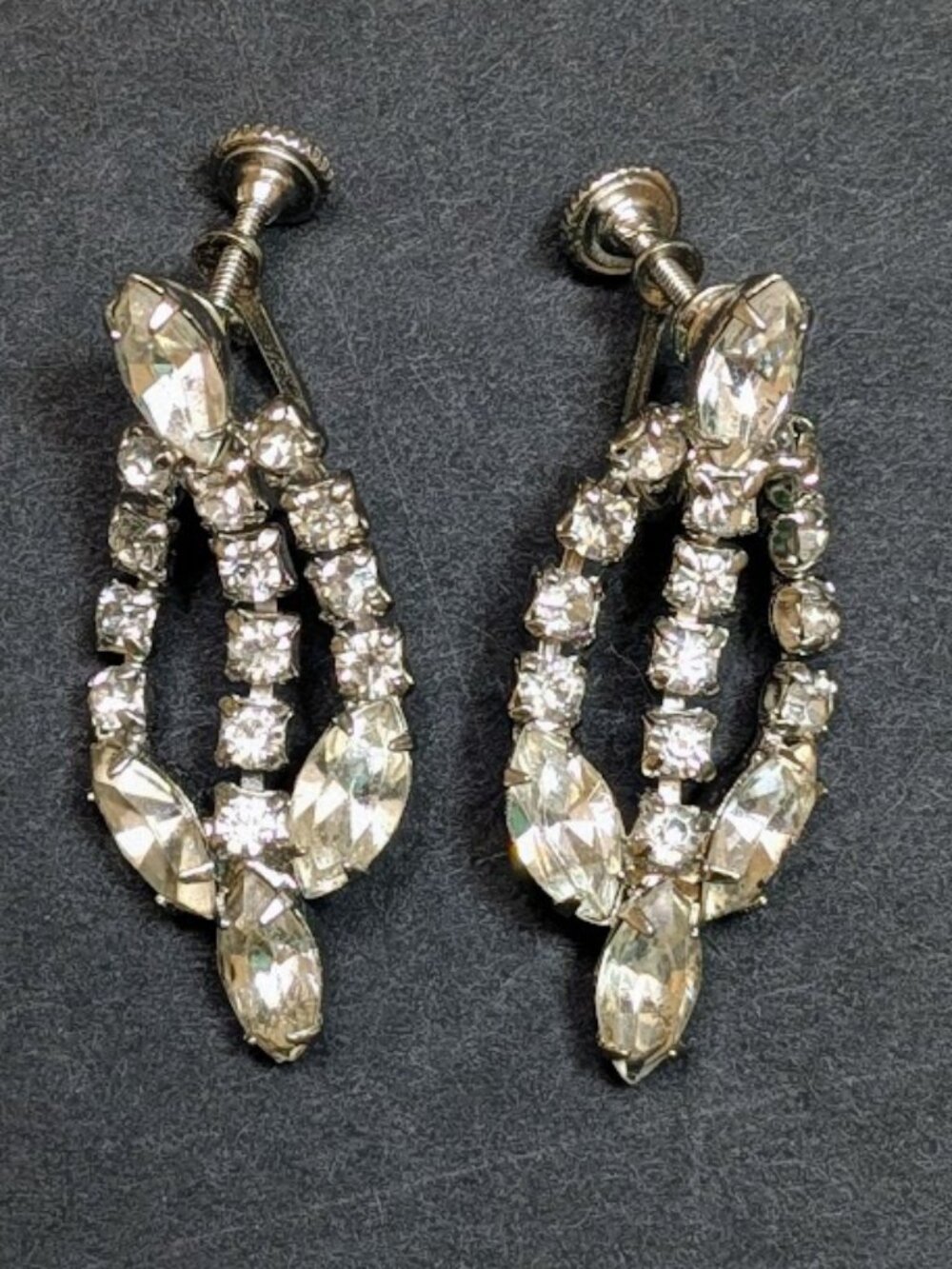 Vintage Clear Rhinestone Chandelier Earrings Screw Back Mid Century